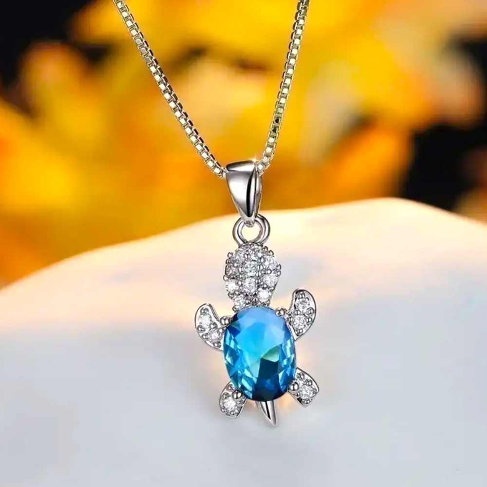 “Just Keep Swimming” Blue Green Turtle Diamond 925 Sterling Silver Gift Necklace - Picture 1 of 12